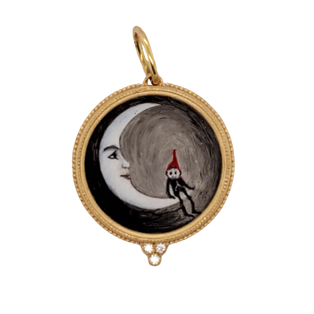 18k large hand painted vitreous enamel double sided man and the moon charm with bottom triple diamonds .03cts item #HG6d