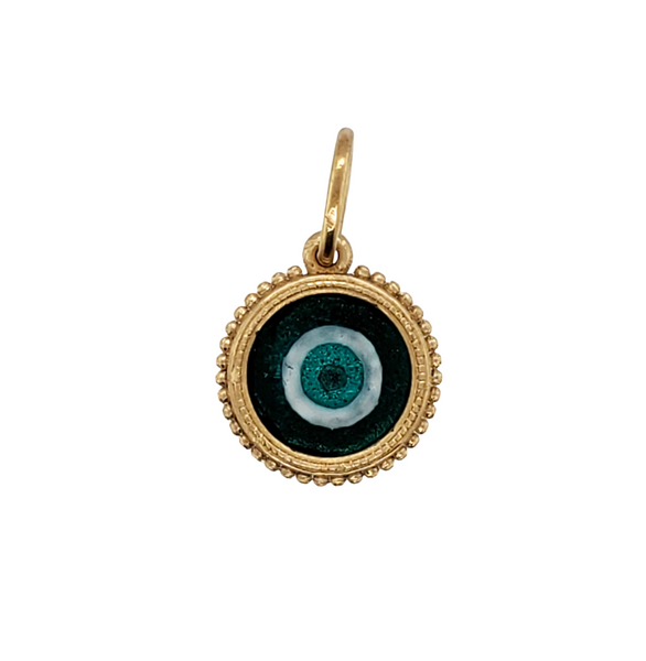 18k baby round hand painted vitreous ename pure silver foil double sided evil eye shown in green item #HM1
