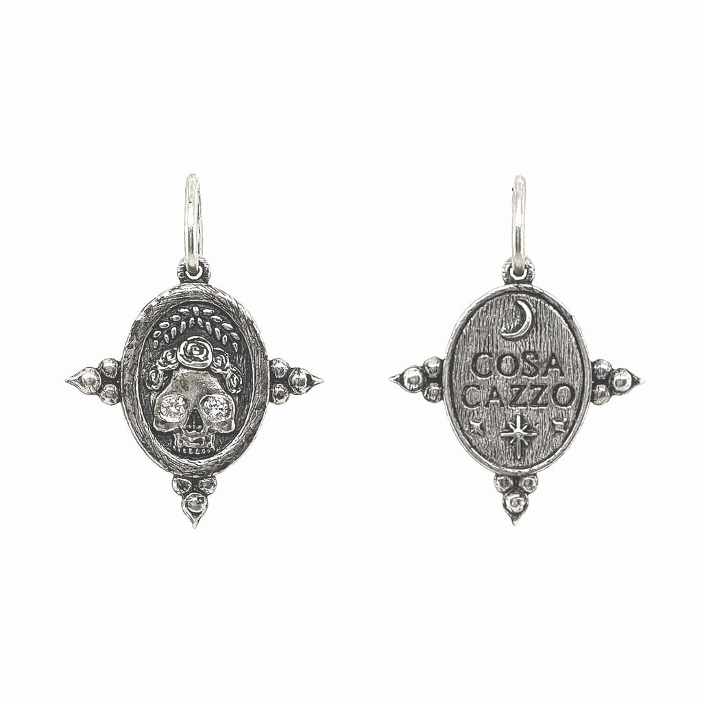 WTF skull double sided charm with white diamond .06cts eyes  shown in oxidized sterling silver #c290-2