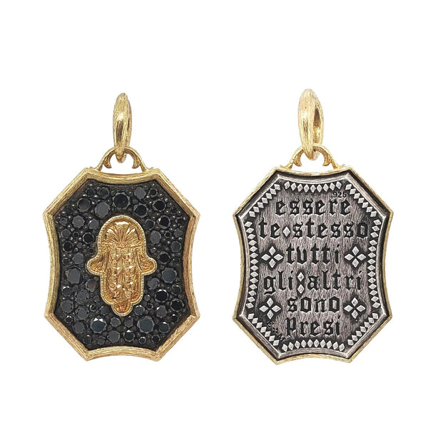 double sided medium shimmer HAND engraved hamsa charm with black diamonds 1.66cts reads "Be yourself, everyone else is taken" by Oscar Wilde. Shown in oxidized sterling silver with 18k gold hamsa , rim & bail #bo3-1