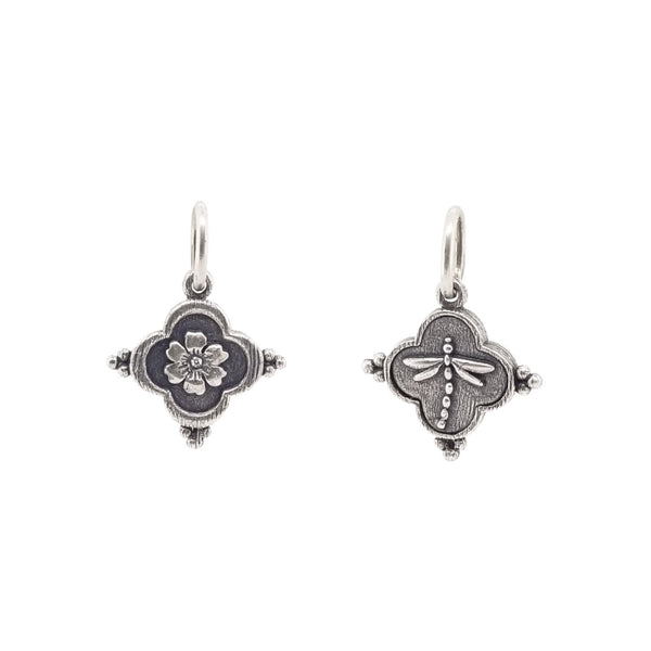 baby clover double sided flower + dragonfly shown in oxidized sterling silver with diamond (1) .0025cts on flower item #c176x-2