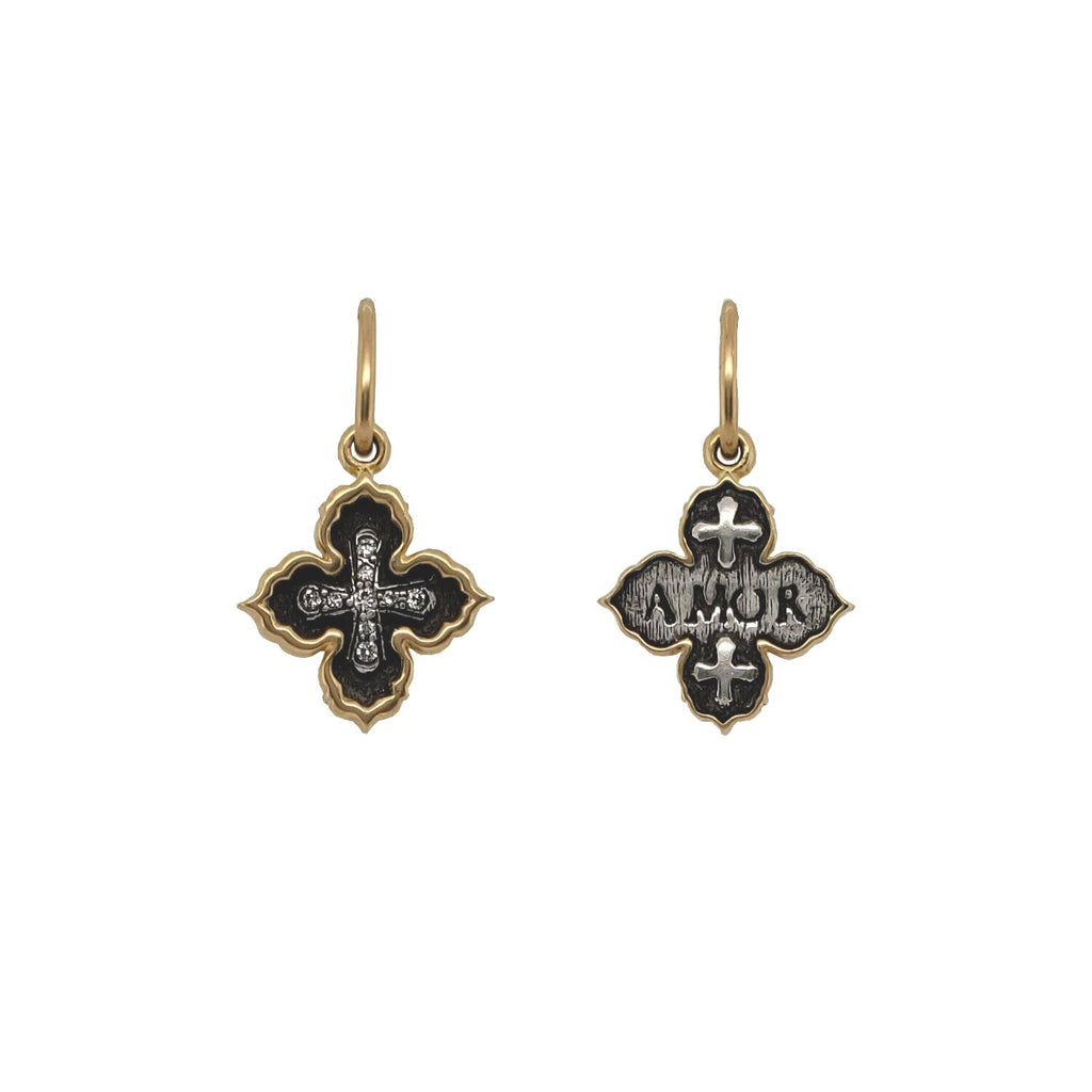 tiny Latin 4 point ornate doulbe sided cross with white diamonds .09cts on front cross reads "love" shown in oxidized sterling silver with 18k gold rim & bail #c220d