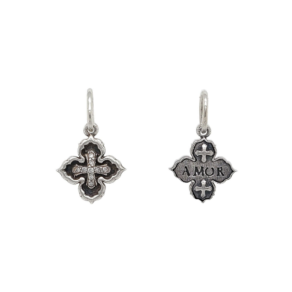 tiny Latin 4 point ornate doulbe sided cross with white diamonds .09cts on front cross  reads "love" shown in oxidized sterling silver #c220-2