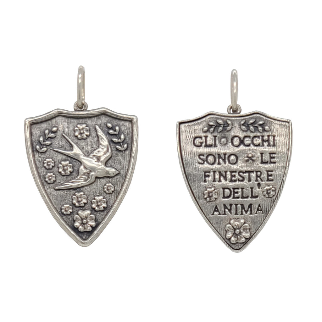 sparrow & flowers + vines double sided charm reads "If you are not too long, I will wait here for you all my life" by Thomas Phaer. Shown in oxidized sterling silver #c271-0