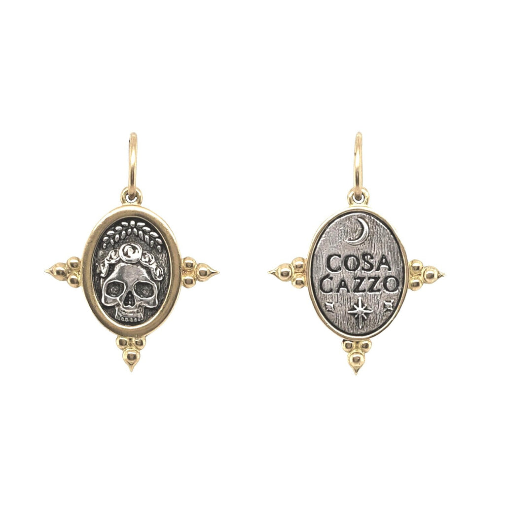WTF skull double sided charm shown in oxidized sterling silver with 18k gold rim & bail #c290c
