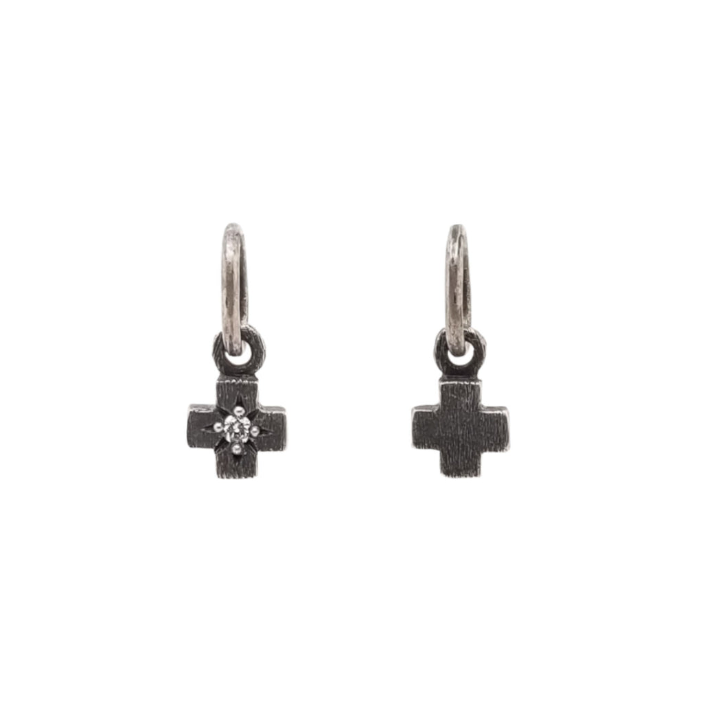 teeny antique double sided cross charm with white diamond (1) .025ct one side shown in oxidized sterling silver #cs1-4