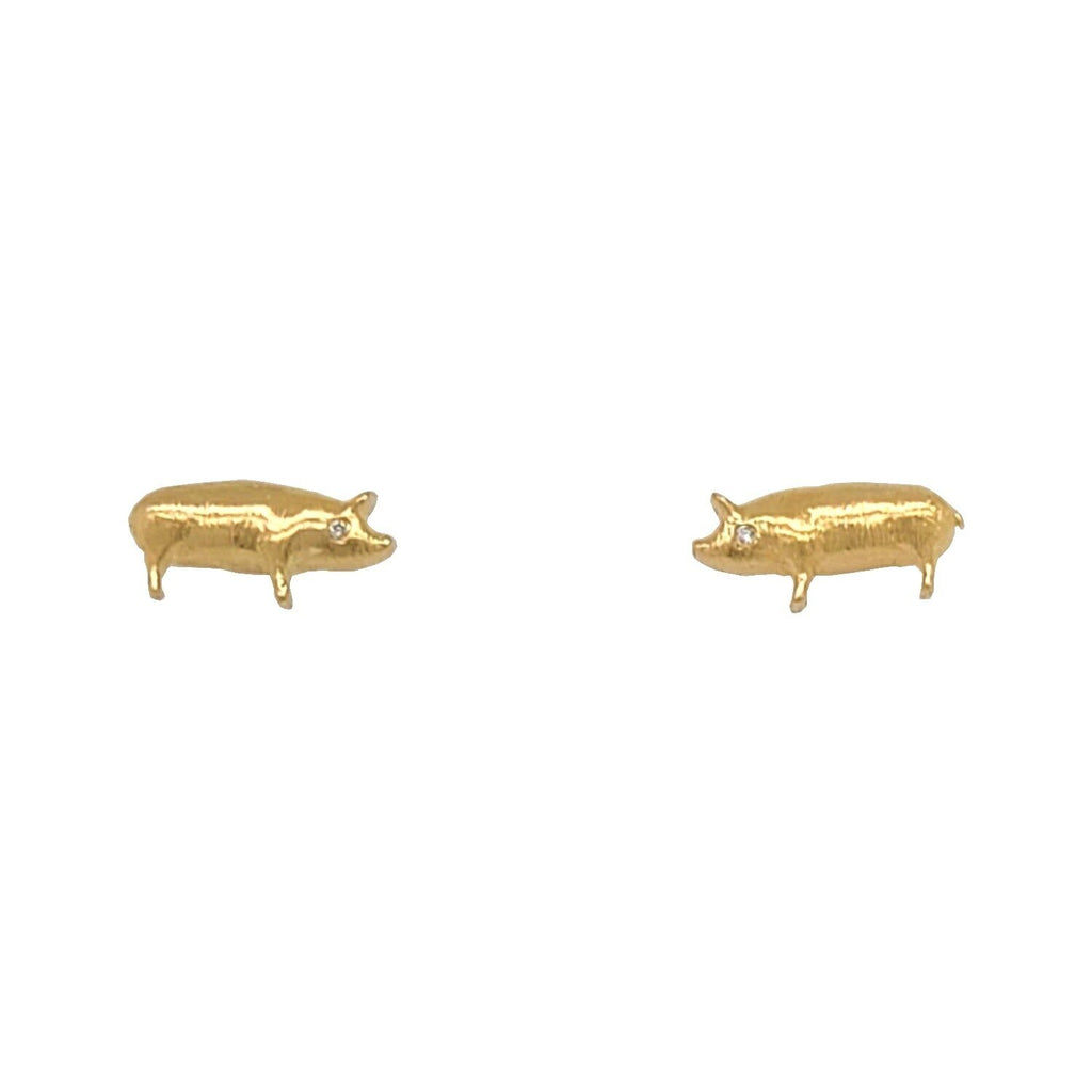 18k gold baby pig stud earrings with white diamond .01cts eyes  #em51-1