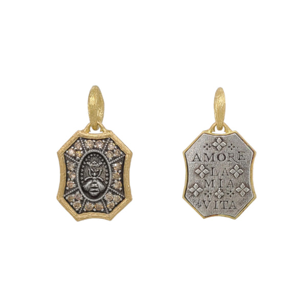 tiny double sided queen bee charm with champagne diamonds .40cts reads "I love my life" shown in oxidized sterling silver with 18k gold rim & bail #fo1-2