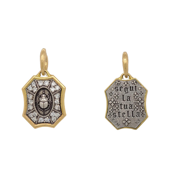 tiny double sided scarab charm with white diamonds .40cts reads "follow your own star" shown in oxidized sterling silver with 18k gold rim & bail #fo5-3
