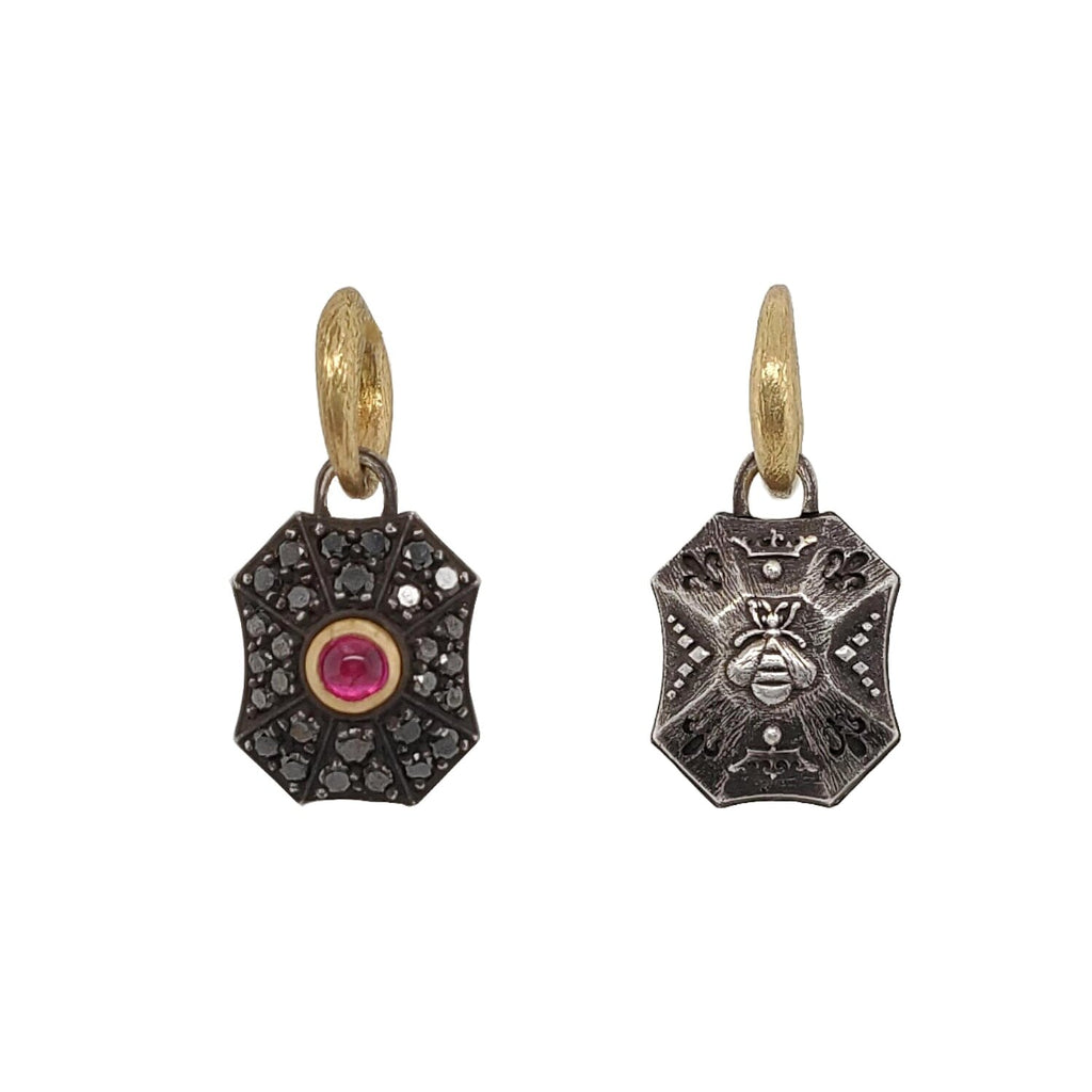 double sided oxidized sterling silver pave baby pillow shown with black diamonds .49cts & pink sapphire center, BEE back & 18k gold bezel #iB2-1