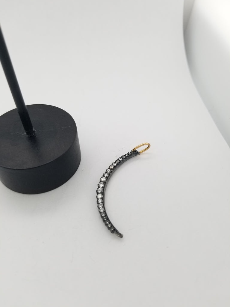 small slim double sided white diamond .44cts moon charm reads "sweet life". Shown in oxidized sterling silver with 18k gold bail #c392-2