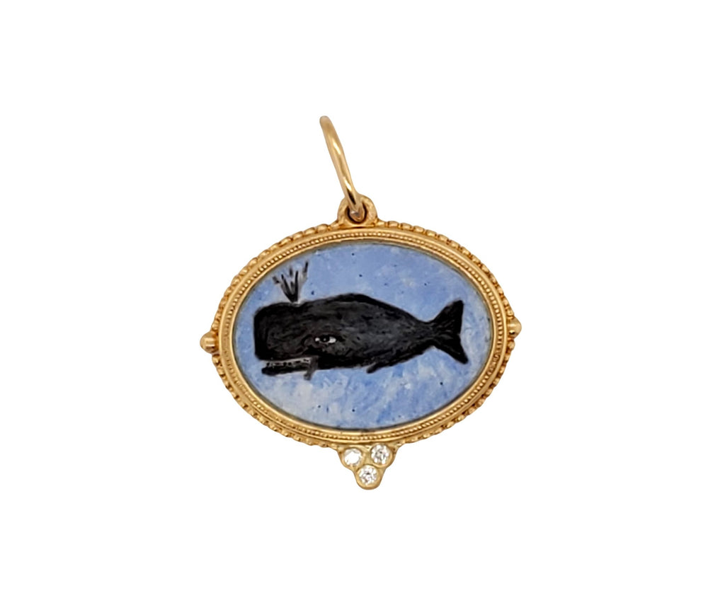18k medium oval hand painted vitreous enamel double sided whale charm with diamond granules (3) .03cts item #HA4dx