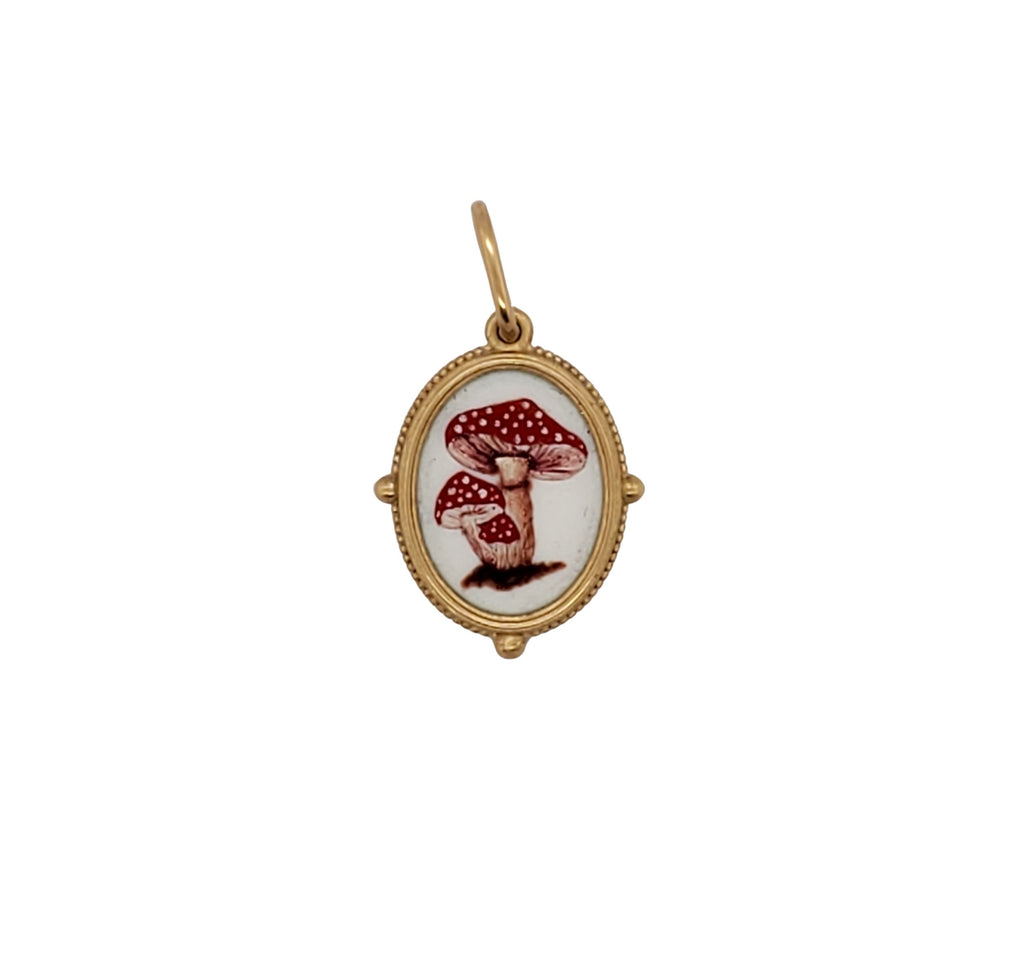 18k small oval hand painted vitreous enamel double sided triple mushroom charm item #HP18