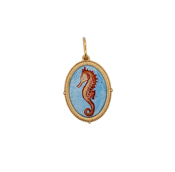 18k medium oval hand painted vitreous enamel double sided seahorse charm   item #HB4