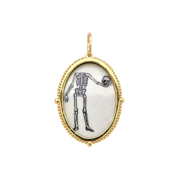 18k extra large oval hand painted vitreous enamel  headless skeleton double sided charm with granule plain frame item HD1