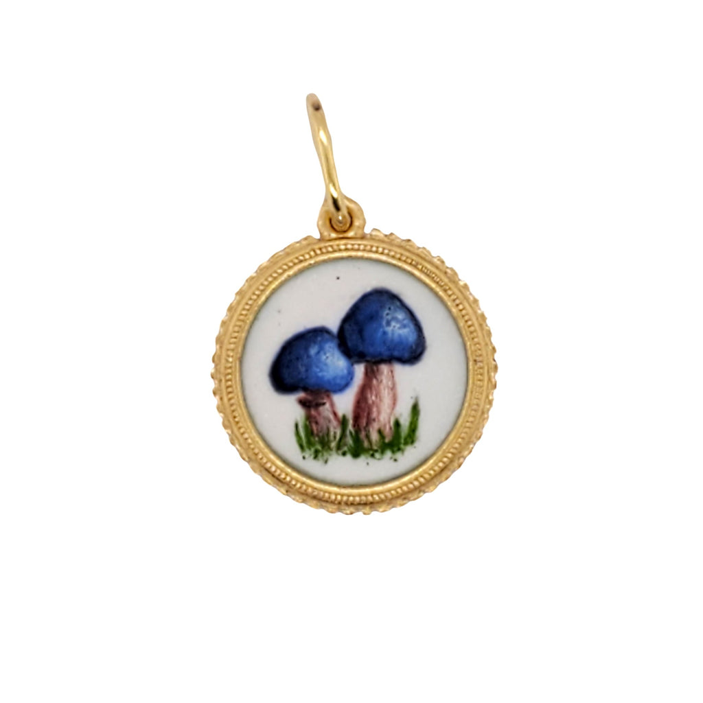 18k small round hand painted vitreous enamel double sided DBL mushroom charm item #HE10