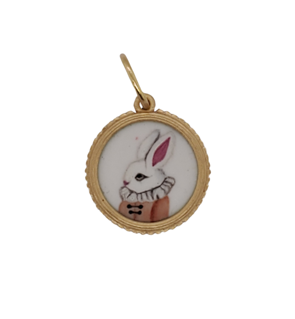 18k small round hand painted vitreous enamel double sided sweet rabbit charm item #HE2-coral