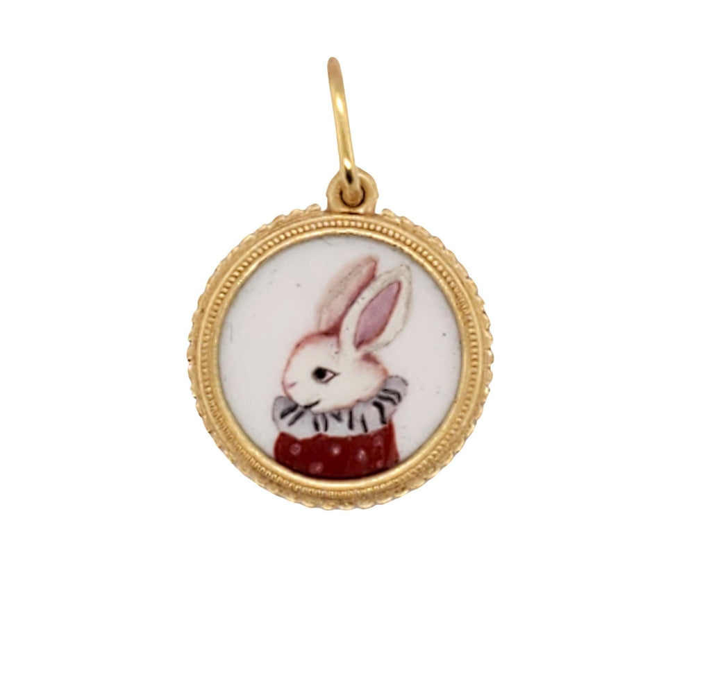 18k small round hand painted vitreous enamel double sided sweet rabbit charm item #HE2-red