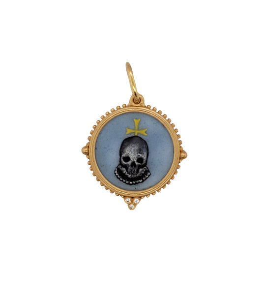 18k medium round  hand painted vitreous enamel double sided Victorian skull charm with diamond granules (3) .03cts item #HF5d