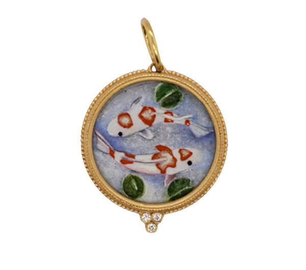 18k gold large round hand painted vitreous enamel double sided koi fish charm with diamond granules (3) .03cts item #HG4d