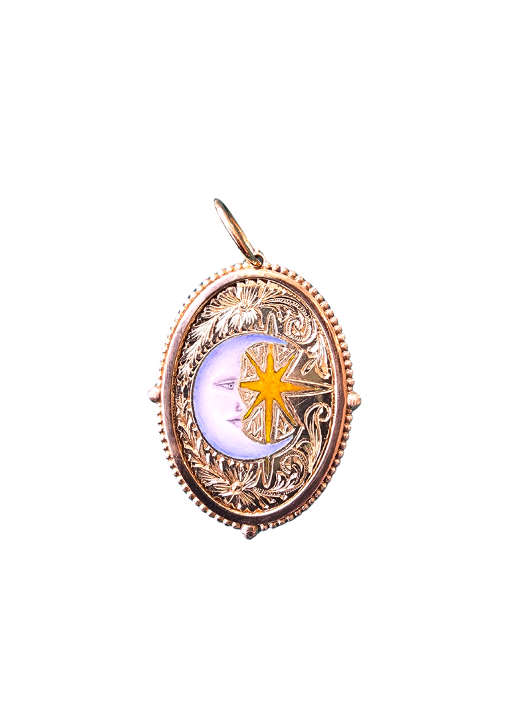 18k XL hand engraved hand painted vitreous enamel  double sided moon and star charm item #QL5