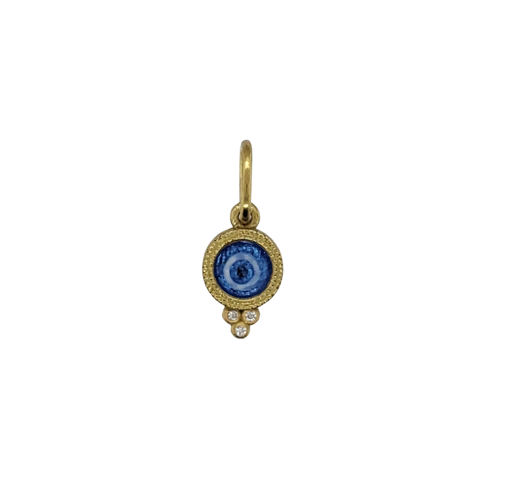18k teeny round hand painted vitreous enamel double sided pure silver evil eye charm with diamonds (3) .03cts item #HL1d
