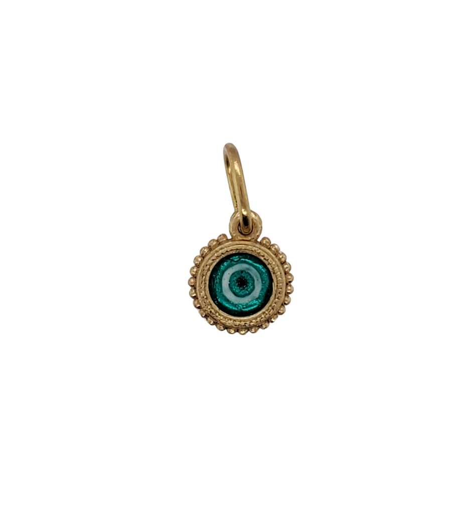 18k teeny round hand painted vitreous enamel pure silver  foil double sided evil eye in green  item #HL1-grn