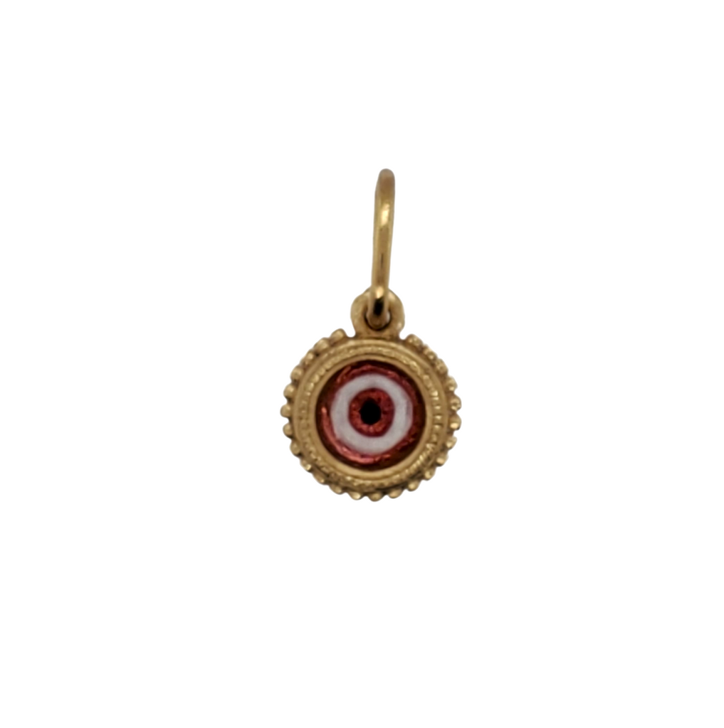 18k teeny round hand painted vitreous enamel pure silver foil double sided evil eye charm shown in red item #HL1-red