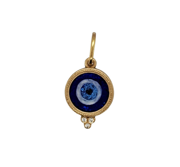 18k baby round hand painted vitreous enamel pure silver foil double sided evil eye with diamonds (3) shown in blue item #HM1d