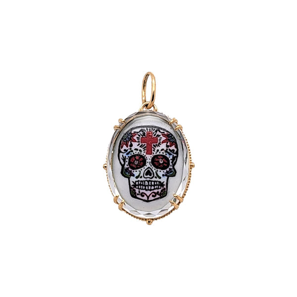 18k large oval hand painted vitreous enamel  double sided sugar skull charm & white sapphire crystal item HC4