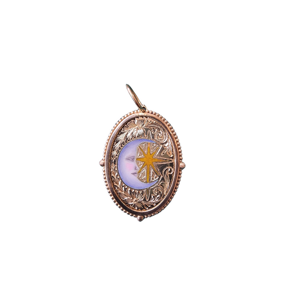 18k XL hand engraved hand painted vitreous enamel double sided moon and star charm item #QL5