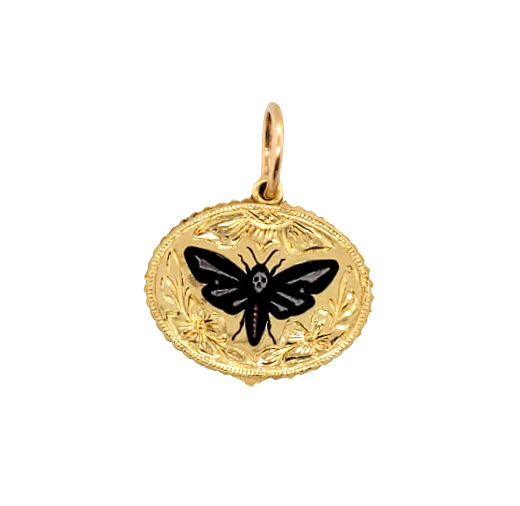 18k hand engraved hand painted vitreous enamel double sided moth charm item #QA4-blk