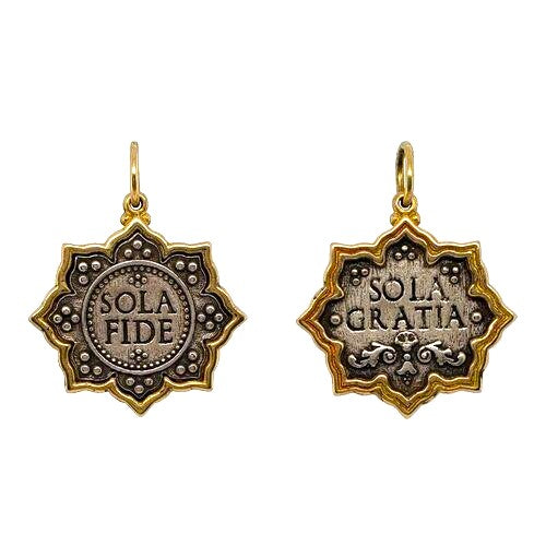 8 point Latin lotus double sided charm with white diamonds .43cts on petals shown in oxidized sterling silver  18k rim & bail #c183c