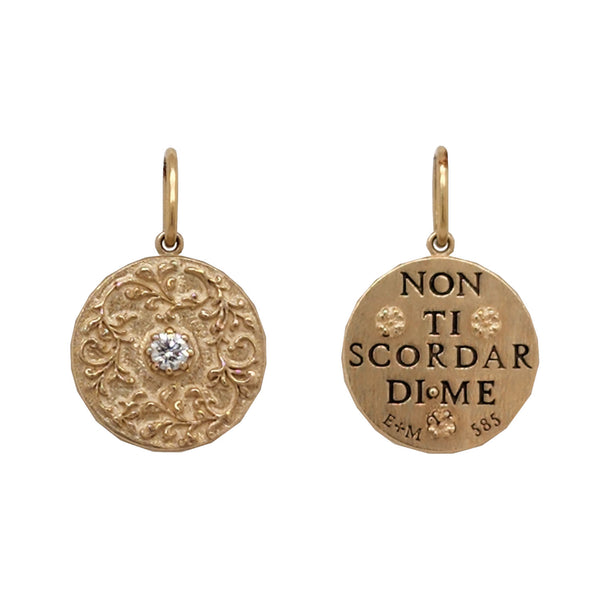 14k gold medium round floral double sided diamond .10cts charm reads "do not forget about me" item #co126-3