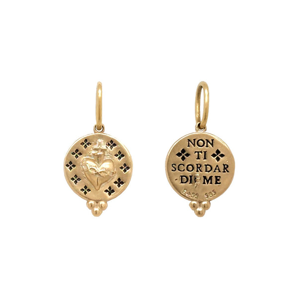 14k gold small round double sided sacred heart charm reads "dont forget me" item #co127b-1