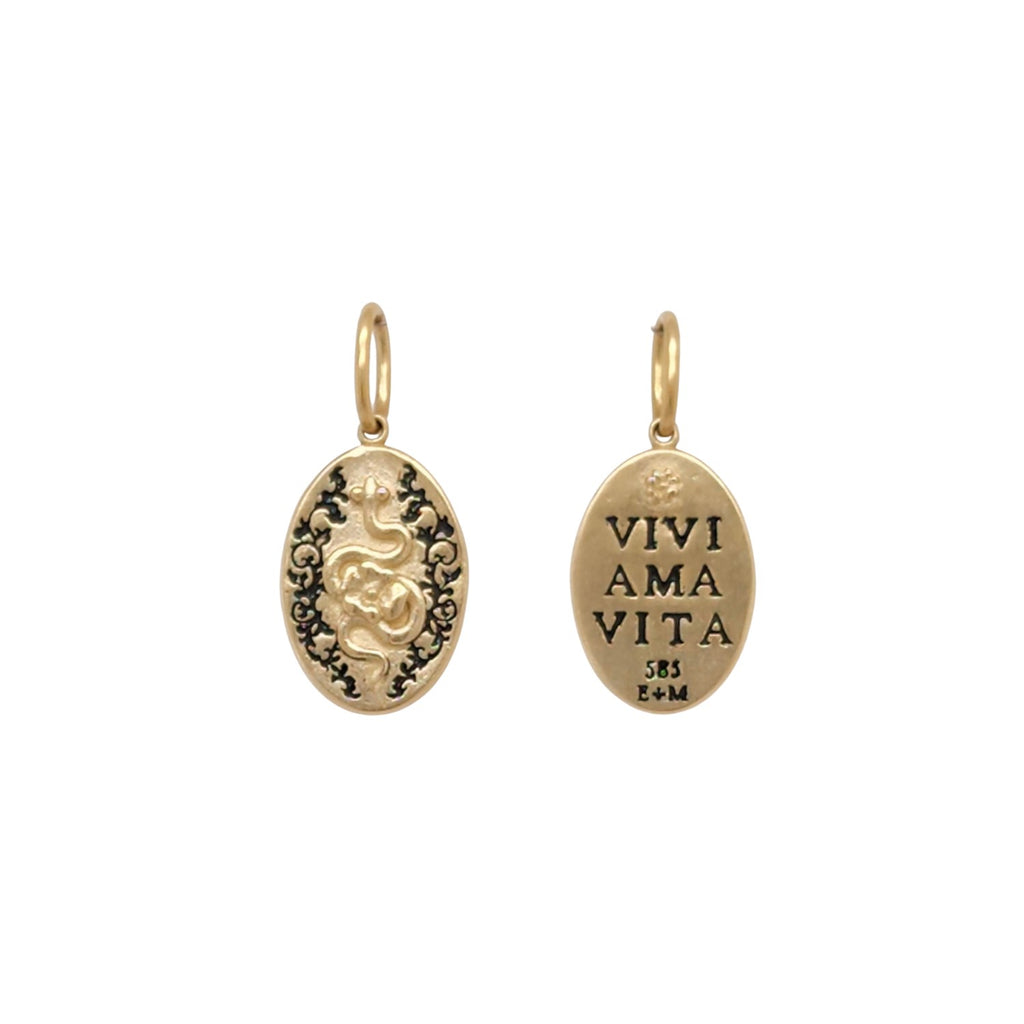 14k small oval floral & snake double sided charm reads "live, love, life" item co129-1