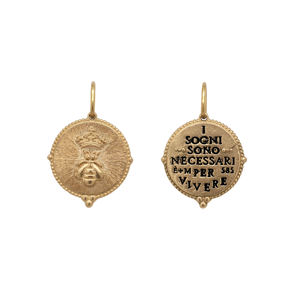14k large round double sided queen bee charm reads "Dreams are necessary to life" by Anais Nin item #co131c-1