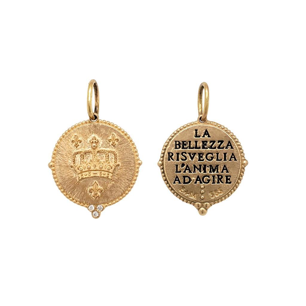 14k large round double sided crown charm reads "Beauty awakens the soul to act" by Dante with diamond granules (3) .0225cts item #co131d-1 