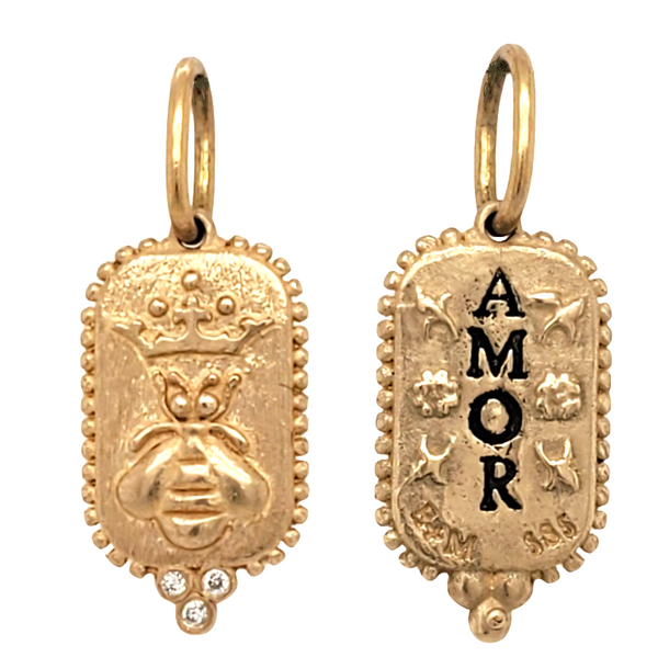 14k small queen bee charm diamond granules (3) .03cts