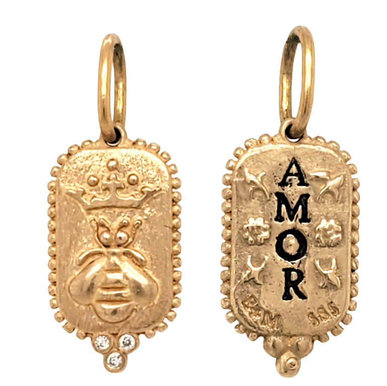 14k small queen bee charm diamond granules (3) .03cts