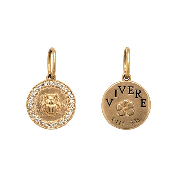 14k gold small circle double sided circle scarab charm reads "to live" diamond frame .16cts item #co143a-3