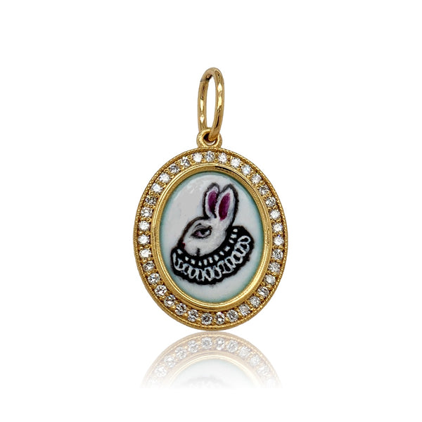 18k small oval hand painted vitreous enamel double sided Victorian rabbit charm full diamond frame .26cts item #HP6a