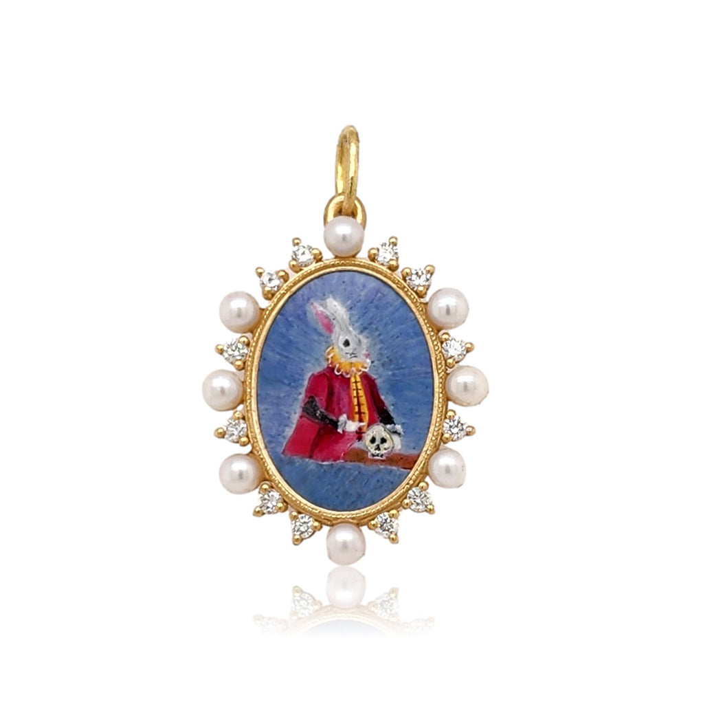 18k large oval hand painted vitreous enamel professor rabbit double sided charm with pearl & diamond frame .36cts item #HC3b