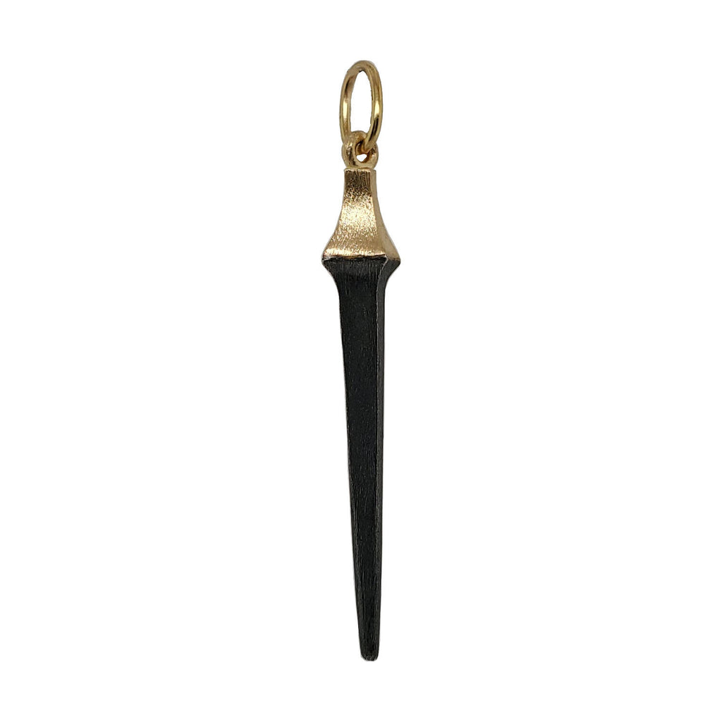 small dagger drop charm shown in oxidized sterling silver with 18k top #c306c