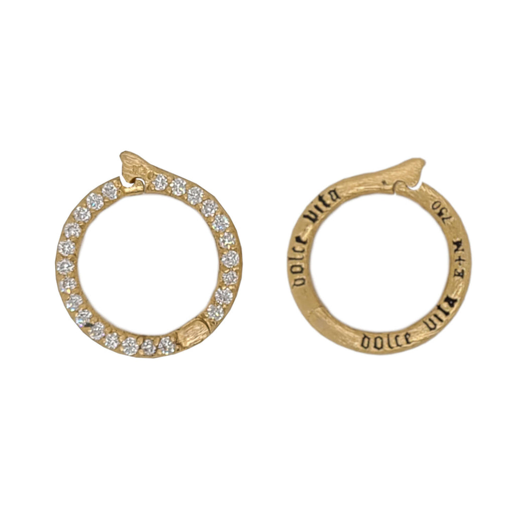 18k gold medium pave charm holder shown in white diamonds .36cts on one side reads "sweet life" #ac14-3