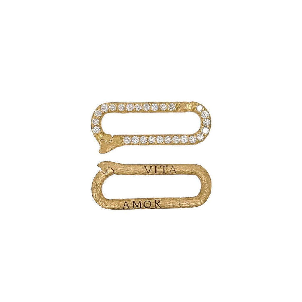 18k gold large oval paperclip charm holder reads "love life" with white diamonds .39cts on one side #ac14-3
