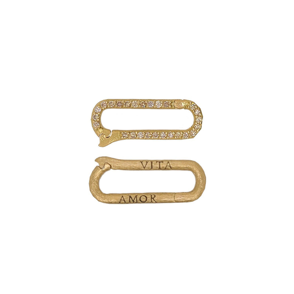 18k gold large oval paperclip charm holder reads "love life" with champagne diamonds .39cts on one side #ac14-2