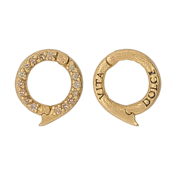 18k gold small round ONE side pave charm holder reads "sweet life" shown with champagne diamonds .16cts  on one side#ac17-2