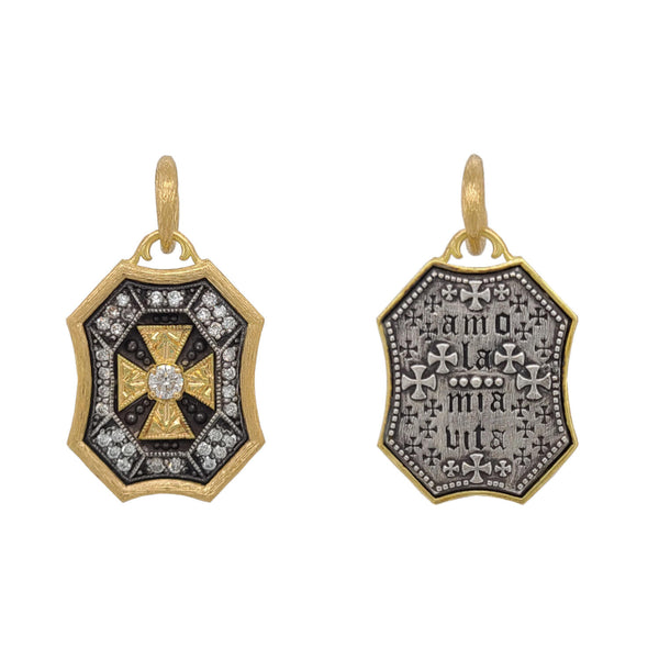 double sided hand engraved Maltese cross charm with white diamonds .44cts reads "I love my life" shown in oxidized sterling silver with 18k gold cross, rim & bail  #ah1-3
