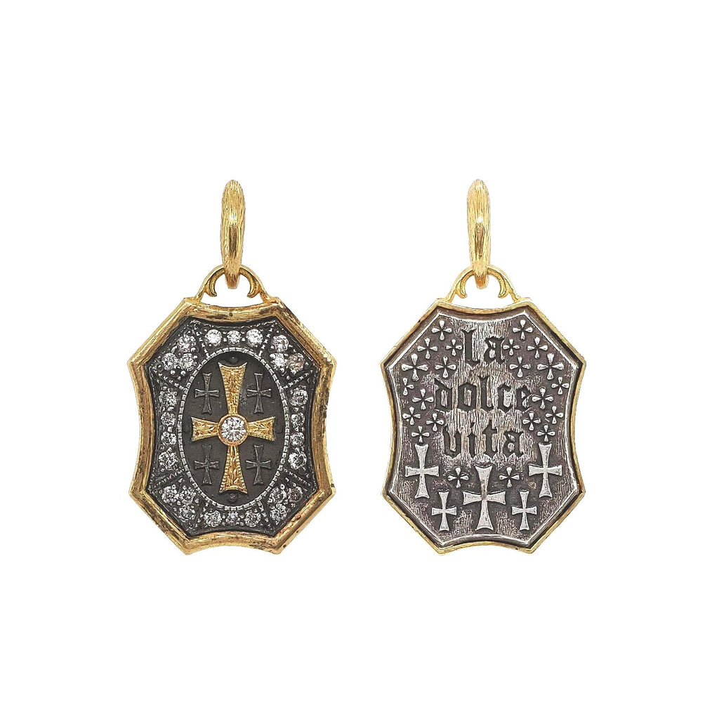 double sided baby HAND engraved cross with white diamonds .43cts reads "the sweet life" shown in oxidized sterling silver with 18k gold cross, rim & bail #ao2-3